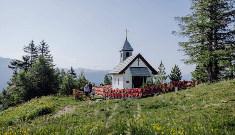 Aussichtsreicher Blick vom Herzerlweg auf das Tal unterhalb der Gamskogelhütte mit Panoramastraße durch den Wald.